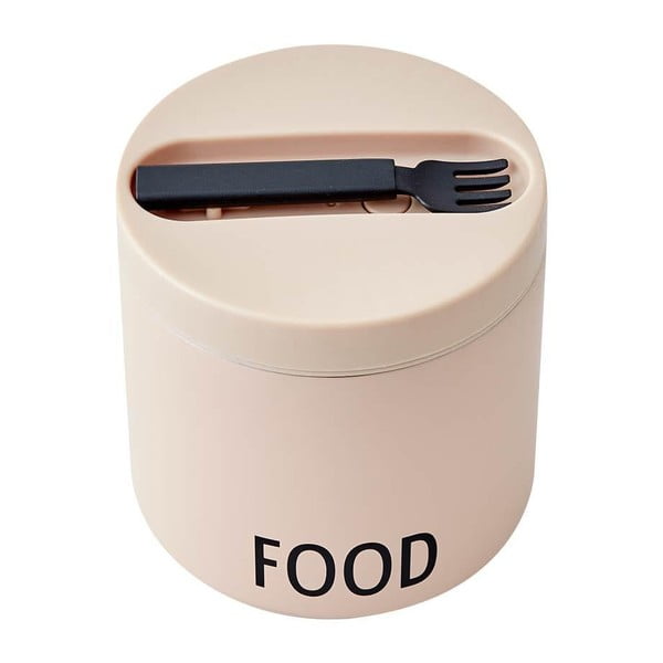 Béžový svačinový termo box s lžící Design Letters Food, výška 11,4 cm