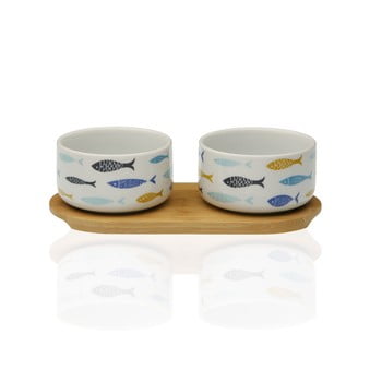 Set 2 boluri din porțelan cu suport din lemn de bambus versa blue bay