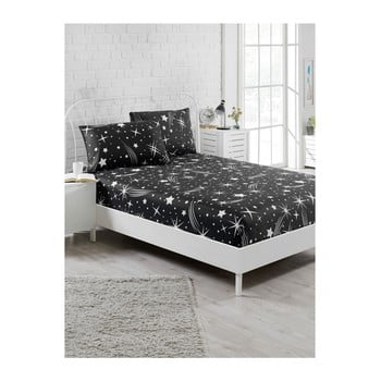 Lenjerie de pat cu cearșaf elastic și 2 fețe pernă starry night, 100 x 200 cm, negru