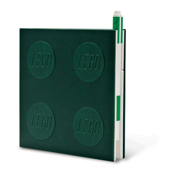 Lahvově zelený čtvercový zápisník s gelovým perem LEGO®, 15,9 x 15,9 cm