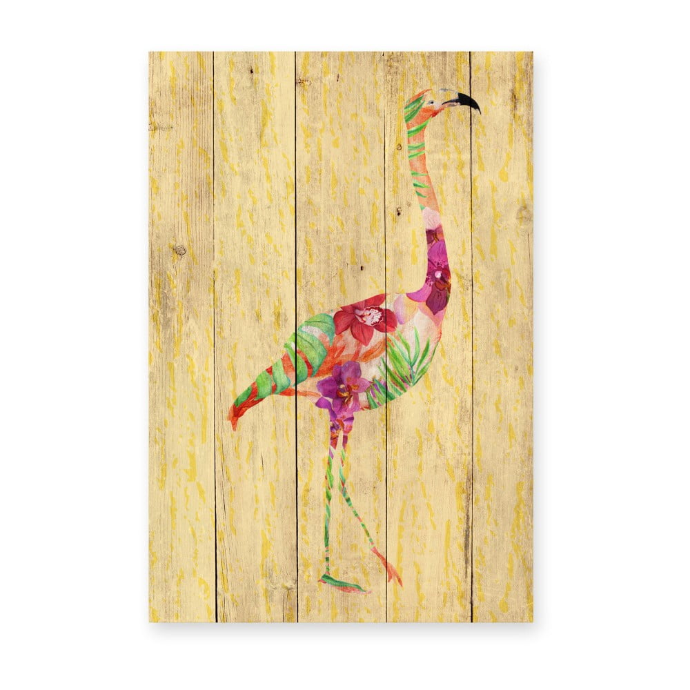 Nástěnná dekorace z borovicového dřeva Madre Selva Flowers Flamingo, 60 x 40 cm