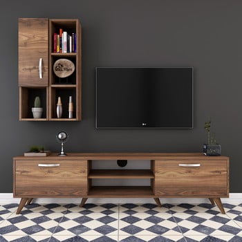 Set comodă tv cu dulap și rafturi de perete wren nut, natural