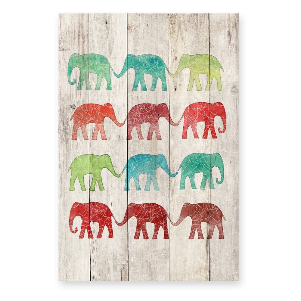 Dřevěná nástěnná dekorativní cedule Surdic Elephants Cue, 40 x 60 cm