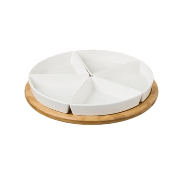 Set 5 boluri din porțelan cu platou din bambus unimasa asia, Ø 30 cm