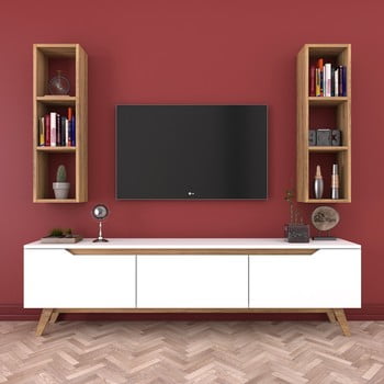 Set comodă tv și 2 etajere de perete wren natural, alb-natural
