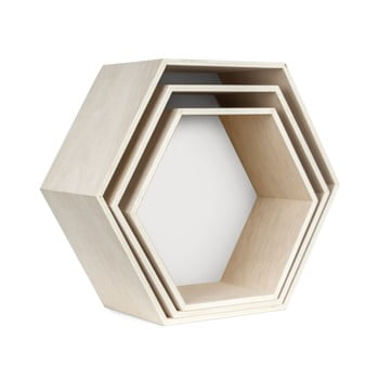 Set 3 rafturi de perete really nice things hexagon, alb - maro