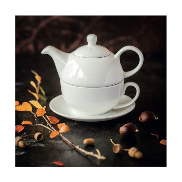 Bílá porcelánová čajová konvice se šálkem Maxwell & Williams Basic