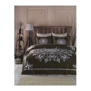 Lenjerie și cearșaf din bumbac satinat pentru pat dublu mandala brown, 200 x 220 cm