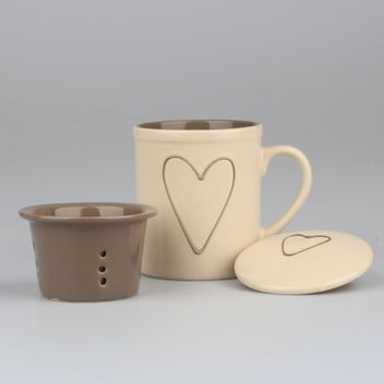 Cană ceramică, cu sită pentru ceai, decorată manual, dakls heart, 325 ml, bej