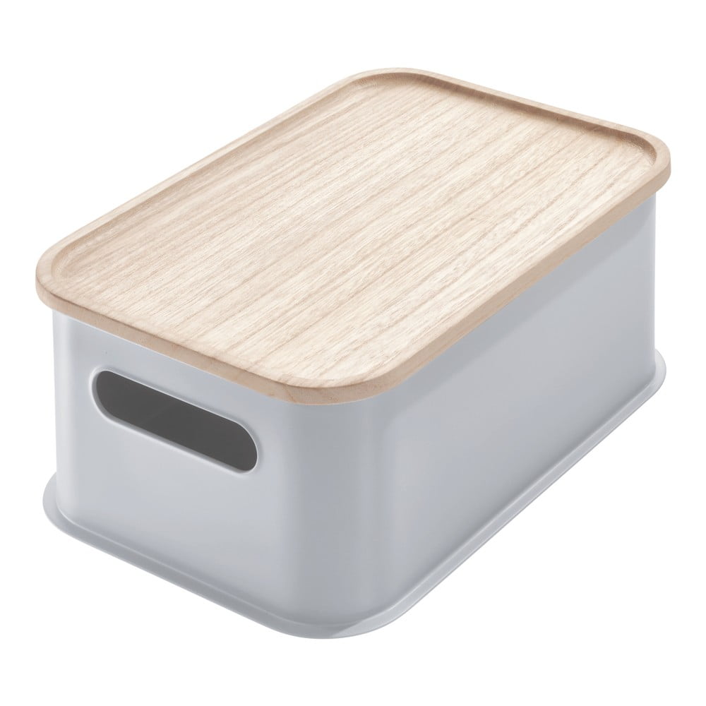 Šedý úložný box s víkem ze dřeva paulownia iDesign Eco Handled, 21,3 x 30,2 cm