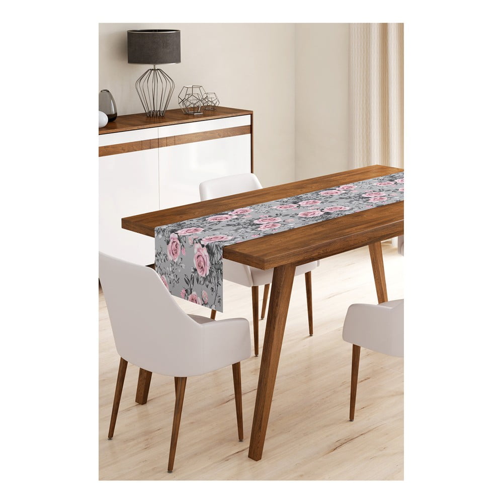 Běhoun na stůl z mikrovlákna Minimalist Cushion Covers Grey Roses, 45 x 140 cm