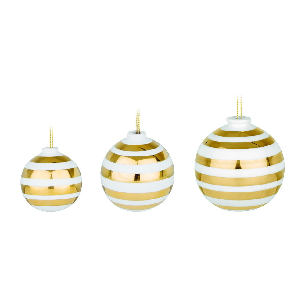 Sada 3 bílých keramických vánočních ozdob na stromeček s detaily ve zlaté barvě Kähler Design Omaggio