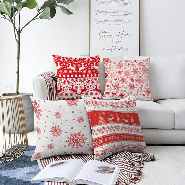 Sada 4 vánočních žinylkových povlaků na polštář Minimalist Cushion Covers Red Snowflakes, 55 x 55 cm