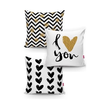 Set 3 fețe de pernă din amestec de bunbac minimalist cushion covers bw with hint of gold, 45 x 45 cm