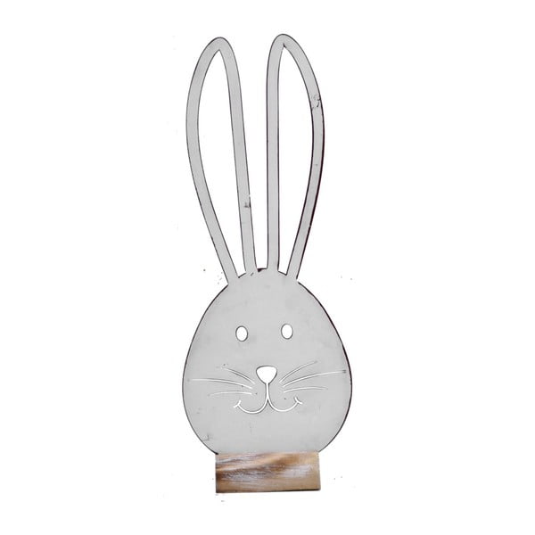 Velká bílá kovová dekorace s motivem zajíce na dřevěném podstavci Ego Dekor, 16,5 x 43 cm