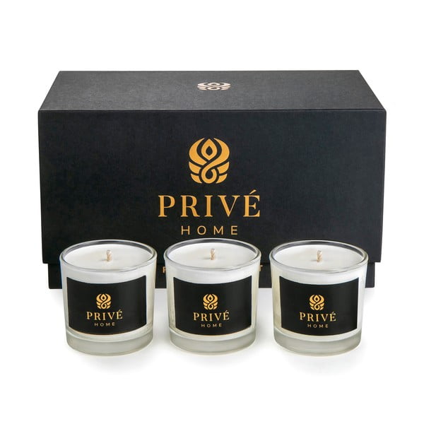 Sada 3 bílých vonných svíček Privé Home Lemon Verbena/Mimosa-Poire/Rose Pivoine