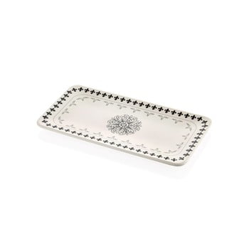 Farfurie din porțelan pentru servire cu ornamente negre mia libre, 32 x 17 cm, crem