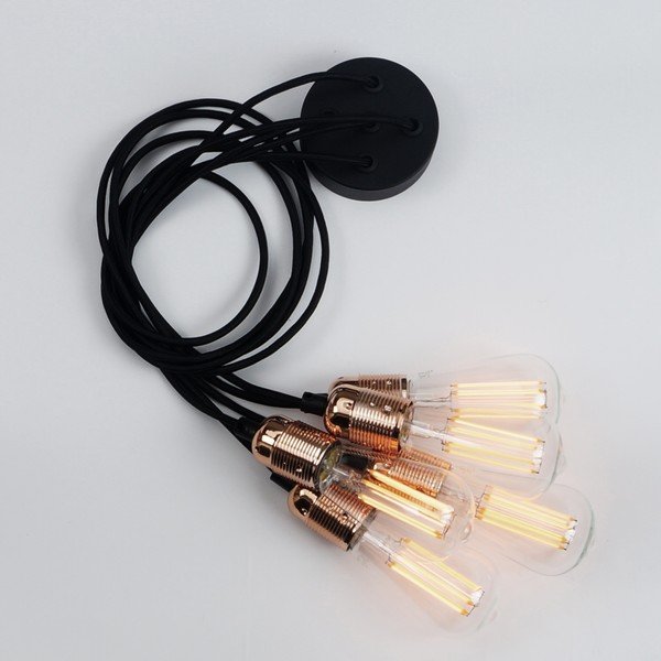 Závěsné svítidlo s 5 černými kabely a měděnou objímkou Bulb Attack Uno Cassie
