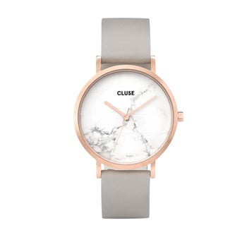 Ceas damă, curea din piele şi cadran alb marmorat cluse la roche rose, gri