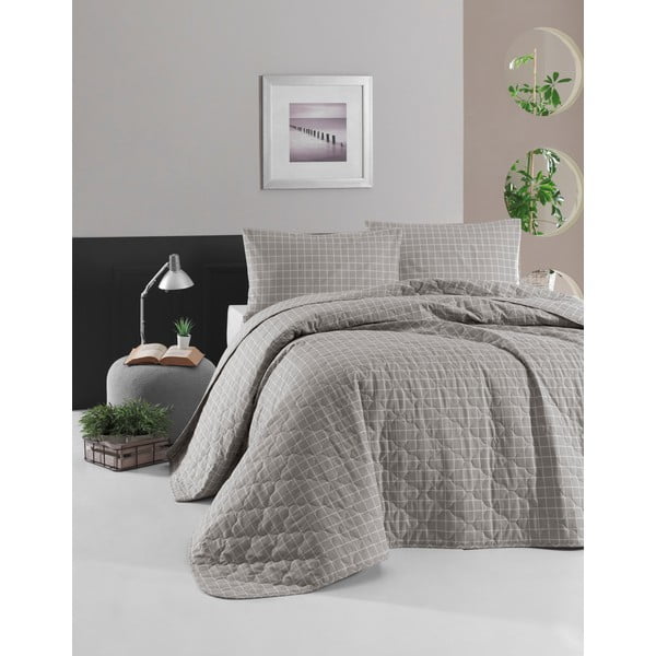 Šedý přehoz přes postel se 2 povlaky na polštář z ranforce bavlny EnLora Home Monte, 225 x 240 cm
