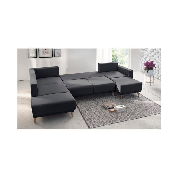 Tmavě šedá rohová rozkládací pohovka s lenoškou Bobochic Paris Panoramique XXL Mola, pravý roh