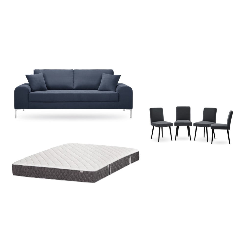 Set třímístné tmavě modré pohovky, 4 antracitově šedých židlí a matrace 160 x 200 cm Home Essentials