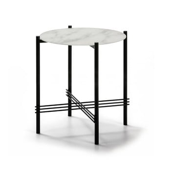 Masuță auxiliară cu blat din sticlă în decor de marmură marckeric, ø 47 cm, alb-negru