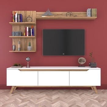 Set comodă tv și 2 rafturi de perete wren nut, alb-natural