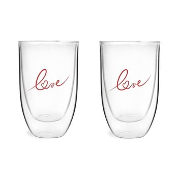 Set 2 pahare din sticlă dublă cu model Vialli design Love, 350 ml