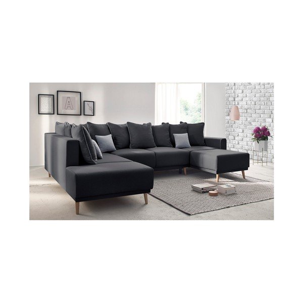 Tmavě šedá rohová rozkládací pohovka s lenoškou Bobochic Paris Panoramique XXL Mola, pravý roh