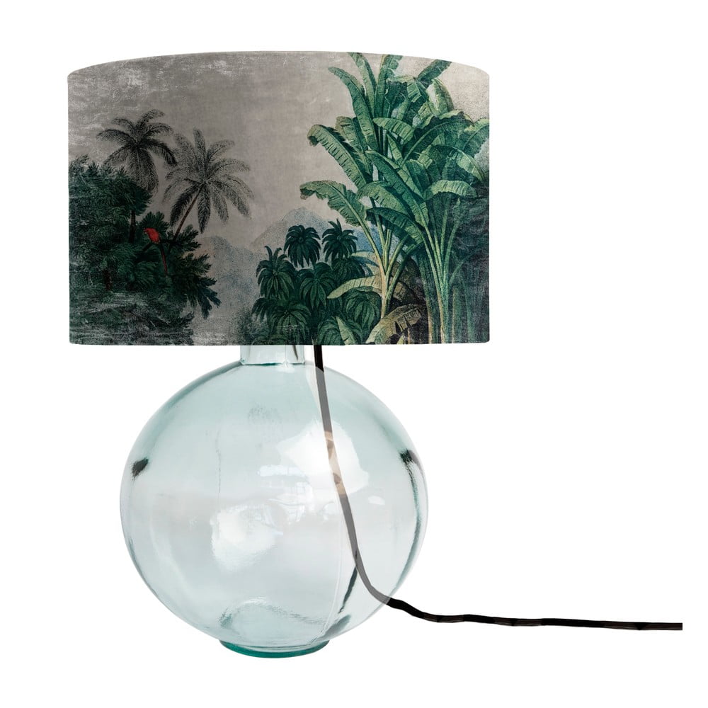 Zelená skleněná stolní lampa s textilním stínidlem Tierra Bella Tropical Jungle, výška 45 cm