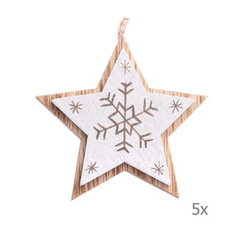 Set 5 decorațiuni suspendate din lemn în formă de stea dakls, lungime 7,5 cm, alb