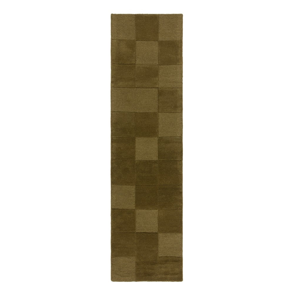 Khaki ručně tkaný vlněný běhoun 60x230 cm Checkerboard – Flair Rugs