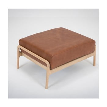 Taburet din piele bovină cu structură din lemn masiv de stejar gazzda fawn, maro cognac