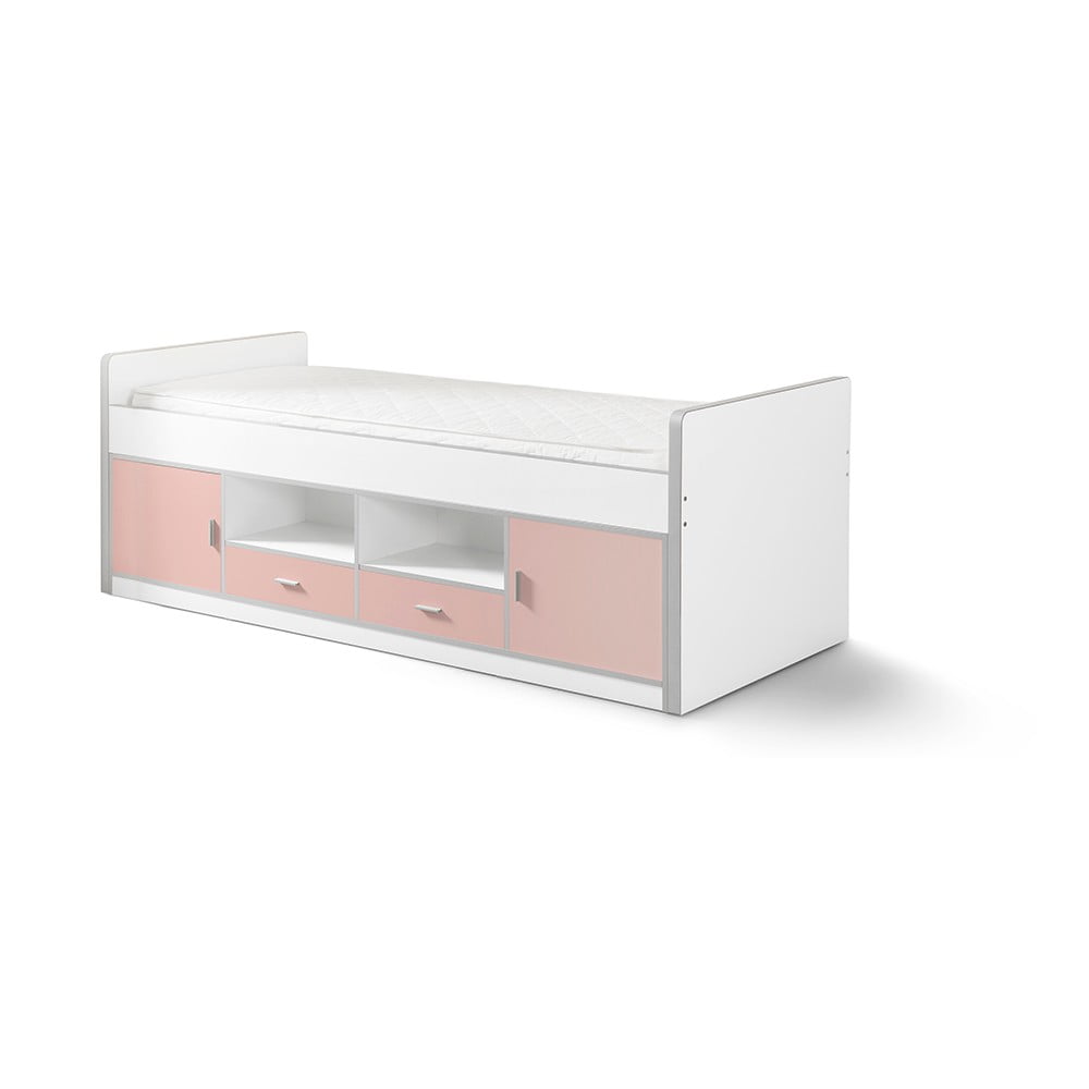 Bílo-růžová dětská postel s úložným prostorem Vipack Bonny, 200 x 90 cm