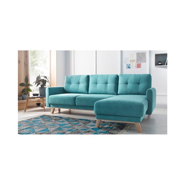 Tyrkysová rozkládací rohová pohovka Bobochic Paris Balio Enjoy, pravý roh