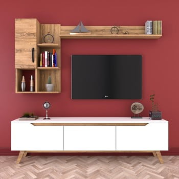 Set comodă TV și 2 rafturi de perete Wren Nut, natural-alb imagine