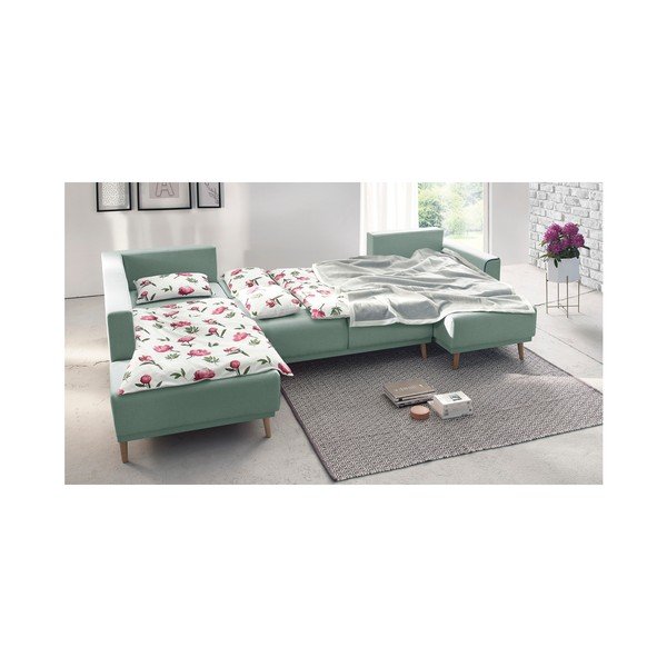 Mátově zelenárohová rozkládací pohovka s lenoškou Bobochic Paris Panoramique XXL Mola, pravý roh