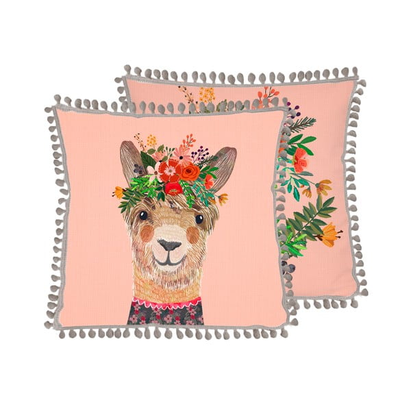 Růžový polštář s příměsí lnu Little Nice Things Llama, 45 x 45 cm