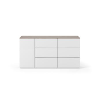 Comodă cu blat în decor de nuc, cu ușă și 6 sertare temahome join, alb