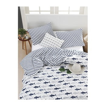Lenjerie de pat cu cearșaf din bumbac ranforce, pentru pat dublu mijolnir shark dark blue & white, 200 x 220 cm