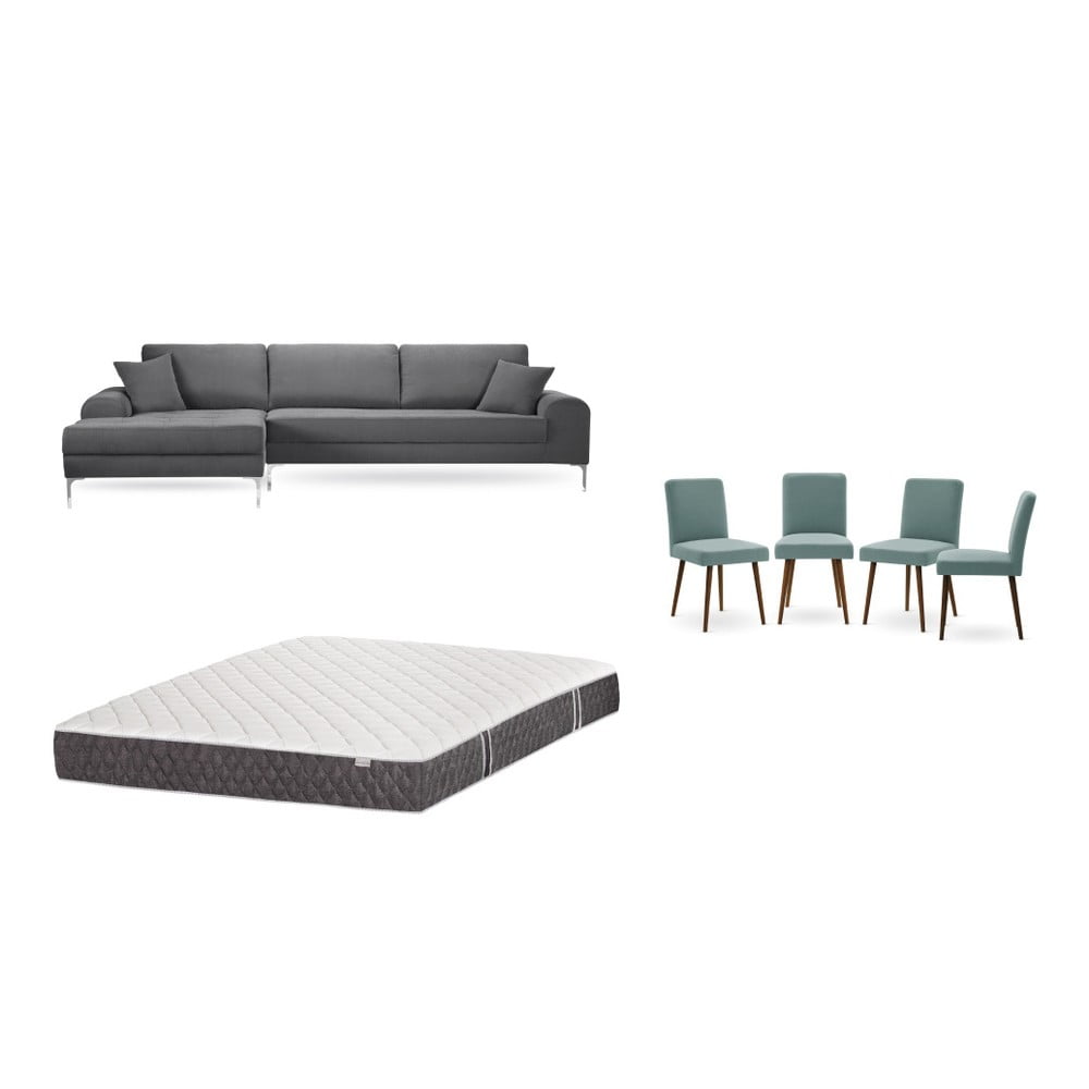 Set šedé pohovky s lenoškou vlevo, 4 šedozelených židlí a matrace 160 x 200 cm Home Essentials