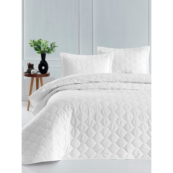 Bílý přehoz přes postel se 2 povlaky na polštář z ranforce bavlny EnLora Home Fresh, 225 x 240 cm