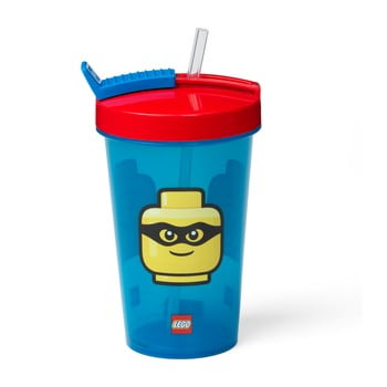 Pahar cu capac roșu și pai lego® iconic, 500 ml, albastru