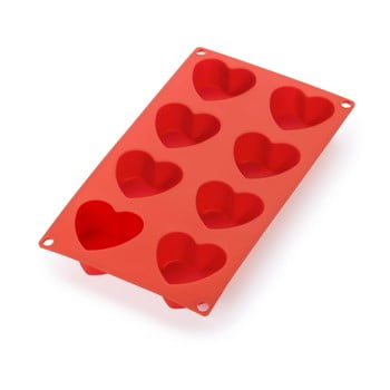 Formă din silicon pentru 8 mini prăjituri în formă de inimă lékué, roșu