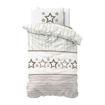 Lenjerie de pat din micropercal Sleeptime Stars, 140 x 220 cm, alb-maro