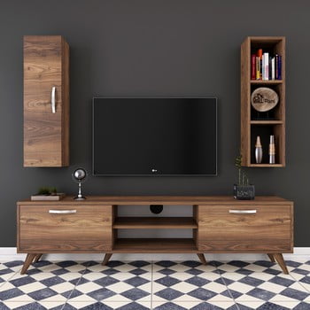 Set comodă tv cu dulap și raft de perete wren nut, natural