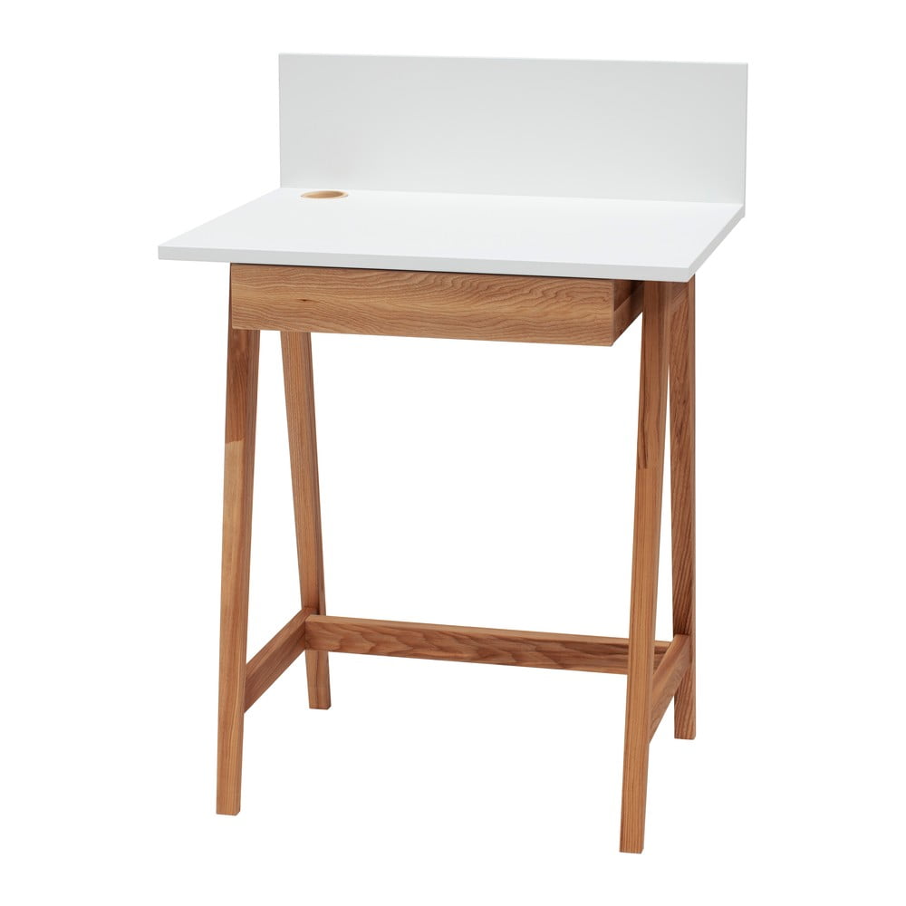 Bílý psací stůl s podnožím z jasanového dřeva Ragaba Luka Oak, délka 65 cm