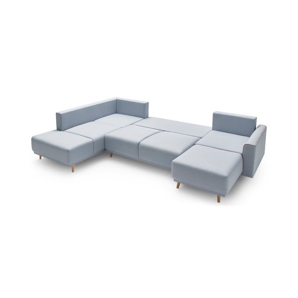 Pastelově modrá rohová rozkládací pohovka s lenoškou Bobochic Paris Panoramique XXL Mola, pravý roh