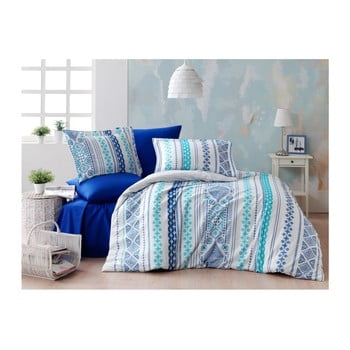 Lenjerie cu cearșaf din bumbac ranforce pentru pat dublu zaur blue, 200 x 220 cm